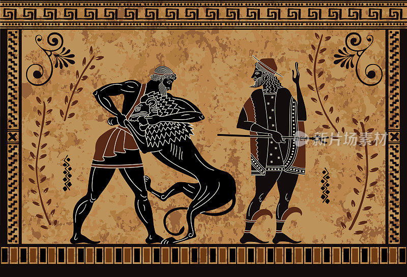 Ancient myth sceen,Black figure pottery,Hercules heroic deed,Ancient warrior and monster,